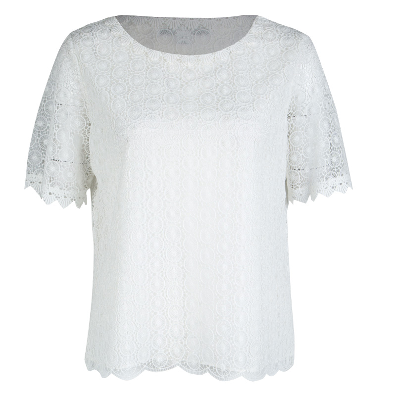 Diane Von Furstenberg White Lace Brylee Scalloped Top and Belita Skirt Set S