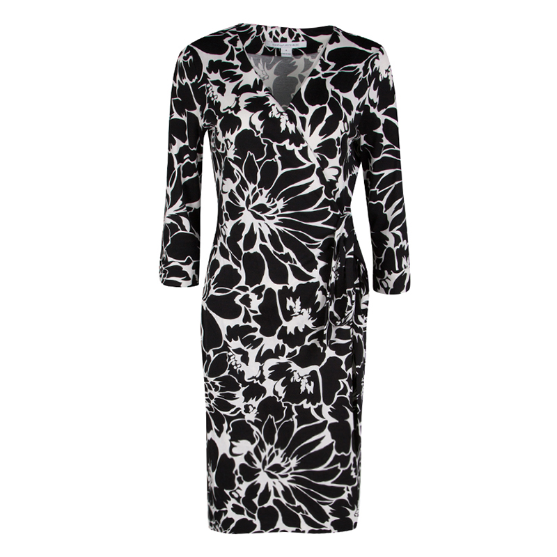 Pre Owned Diane Von Furstenberg Monochrome Cotton Silk Floral Print New Julian Two Wrap Dress M
