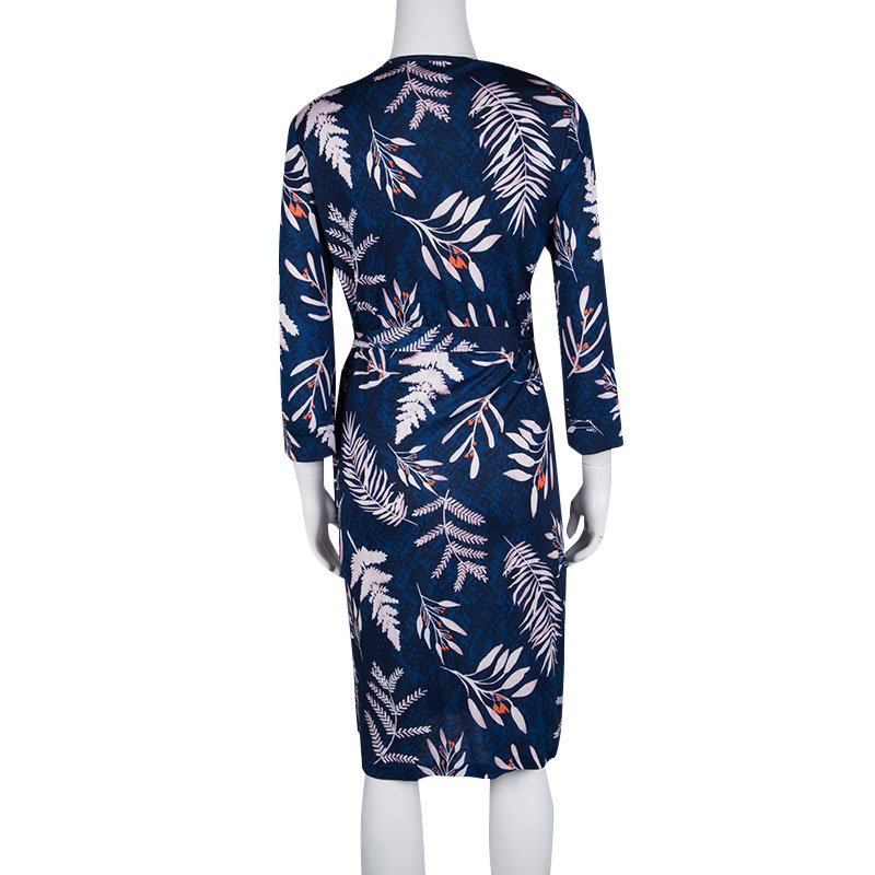 Diane Von Furstenberg Indigo Snake Leaves Print Silk Jersey New Julian Two  Wrap Dress L