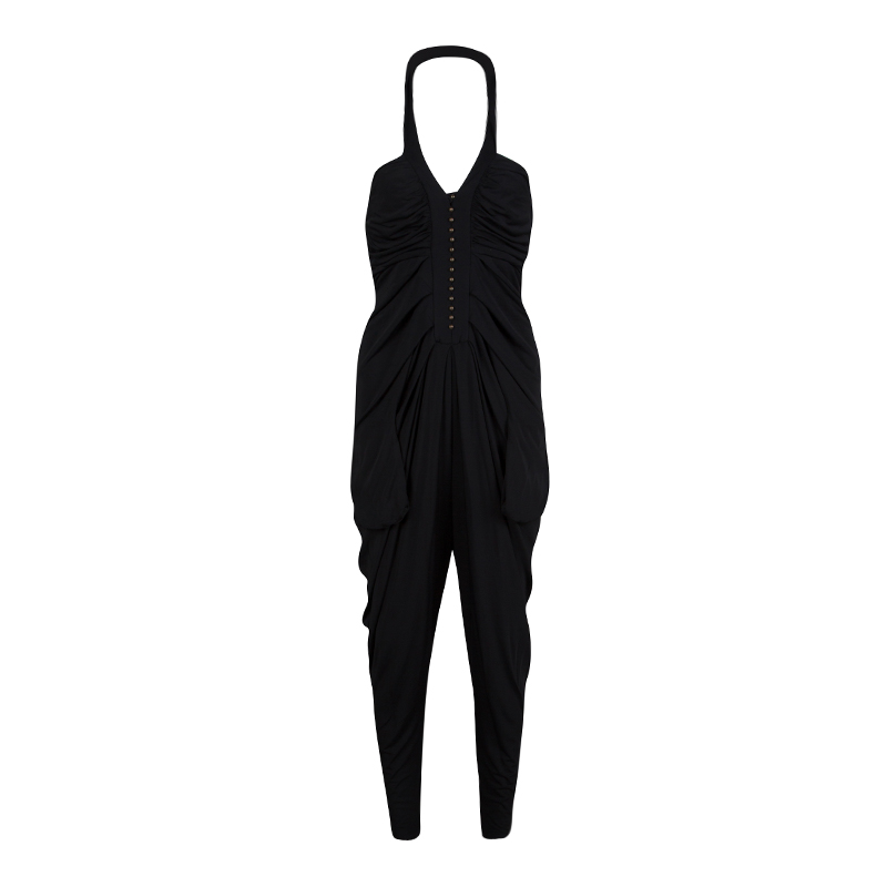 Pre Owned Diane Von Furstenberg Black Draped Knit Halter Jumpsuit M