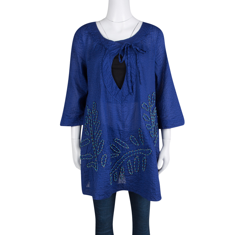 Pre-owned Diane Von Furstenberg Blue Seersucker Beaded Applique Detail Tunic M