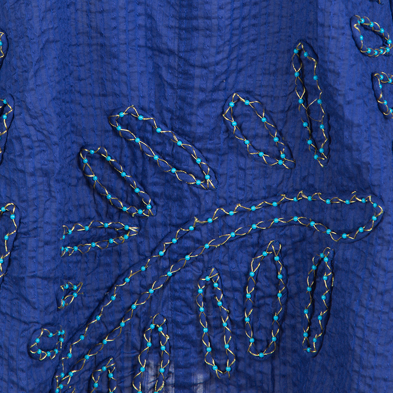 Pre-owned Diane Von Furstenberg Blue Seersucker Beaded Applique Detail Tunic M