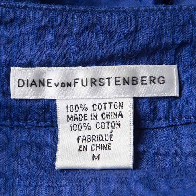 Pre-owned Diane Von Furstenberg Blue Seersucker Beaded Applique Detail Tunic M