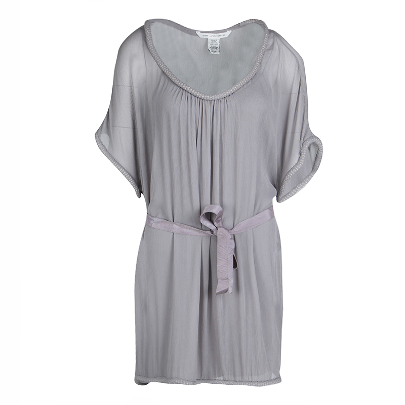 Pre Owned Diane Von Furstenberg Grey Silk Chiffon Bead Trim Belted Sol Tunic S