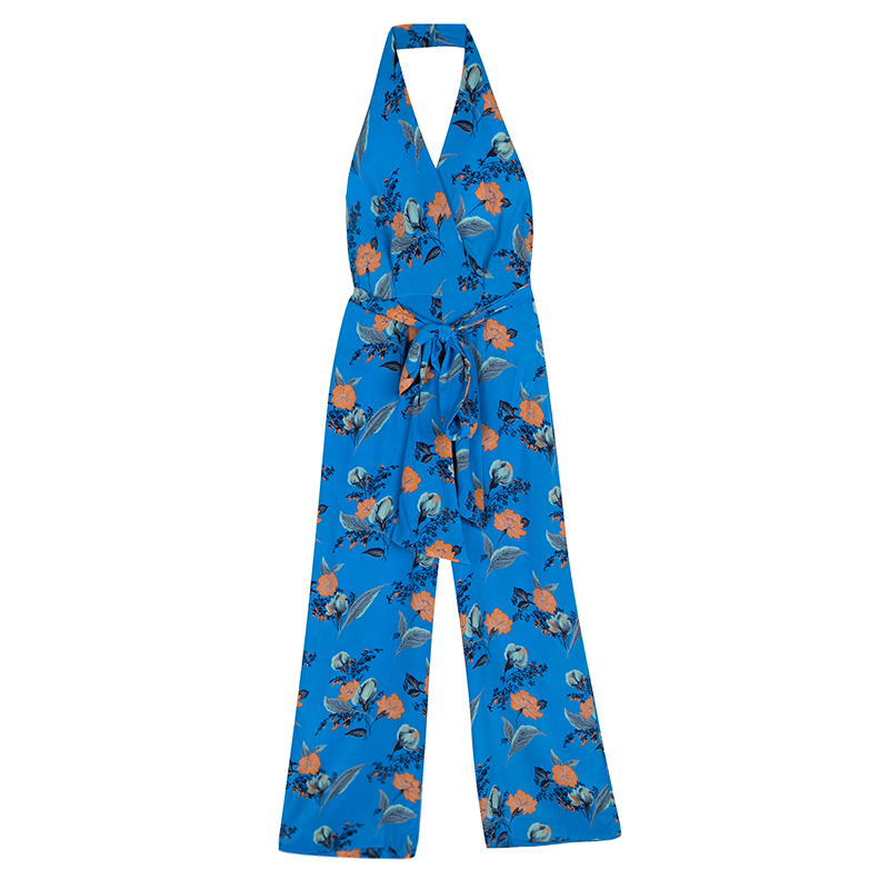 Pre Owned Diane Von Furstenberg Blue Floral Printed Silk Tie Detail Jumpsuit XS