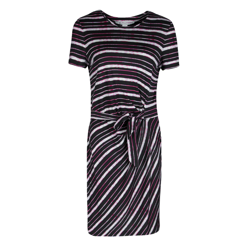 Pre Owned Diane Von Furstenberg Multicolor Striped Silk Tie Detail Brie Dress M