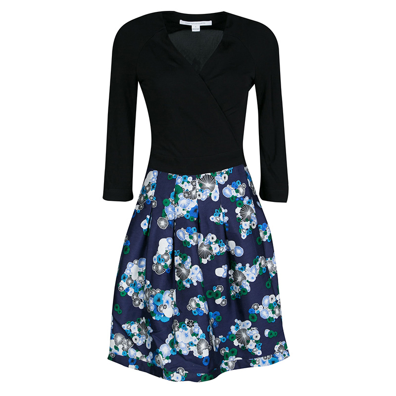 Pre Owned Diane Von Furstenberg Printed Wool Silk Long Sleeve Jewel Wrap Dress M