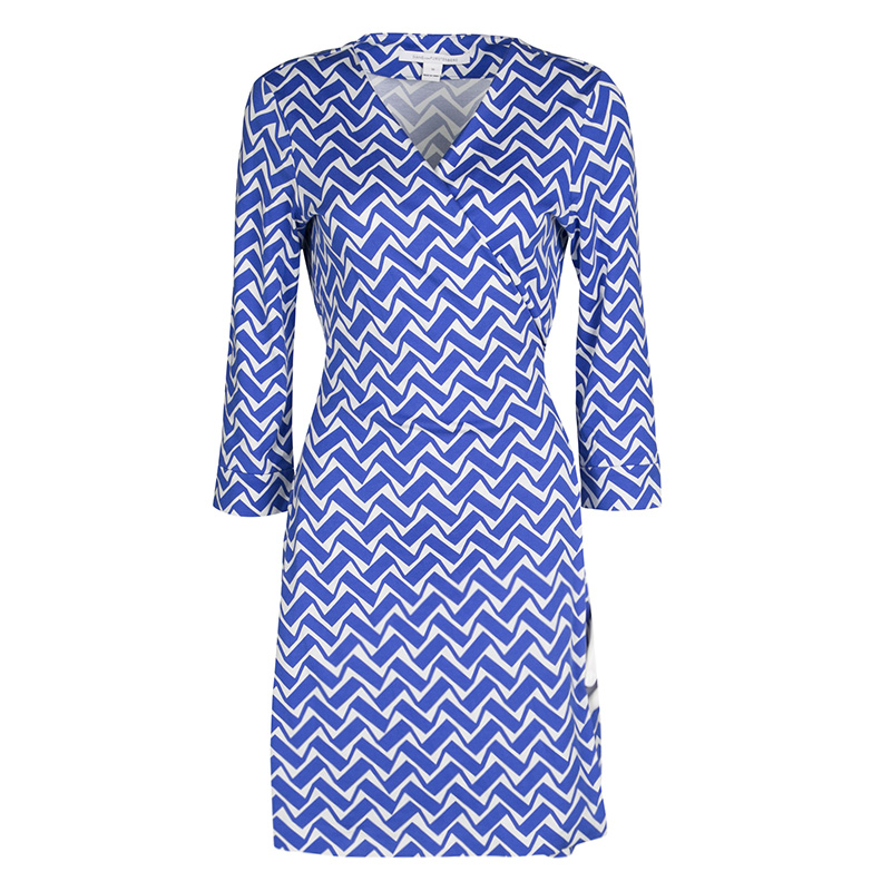 Diane Von Furstenberg Blue and White Printed New Julian Two Wrap Dress L
