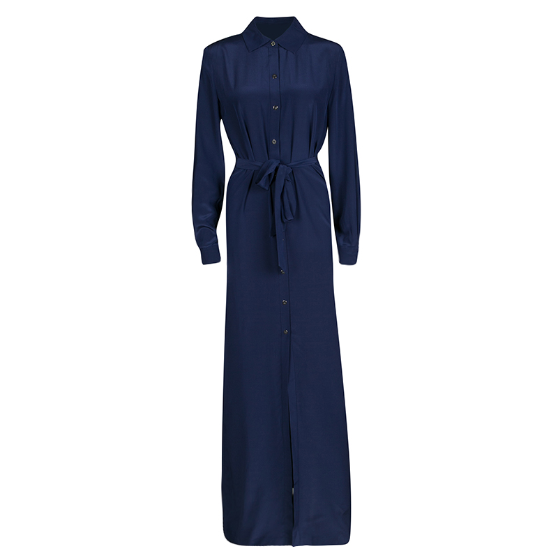 Pre Owned Diane Von Furstenberg Midnight Blue Silk Amina Belted Maxi Shirt Dress M