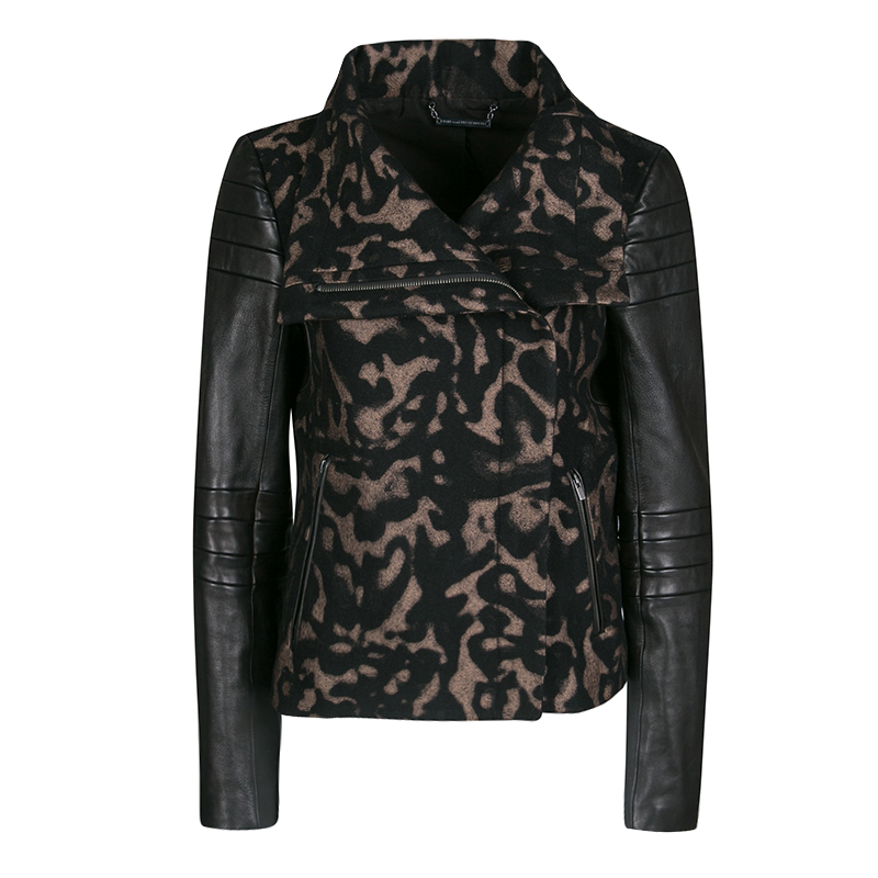 Pre Owned Diane Von Furstenberg Black Animal Patterned Leather Sleeve Detail Marvela Jacket M