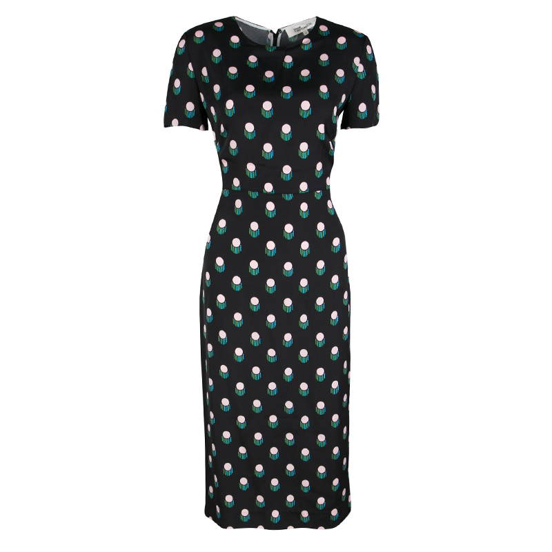 Pre Owned Diane Von Furstenberg Black Printed Short Sleeve Dress M