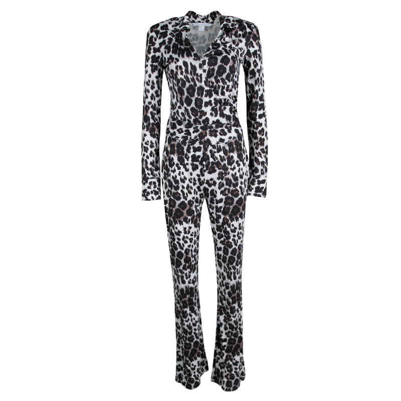 Pre Owned Diane Von Furstenberg Snow Cheetah Printed Silk Jersey Wrap Jumpsuit S