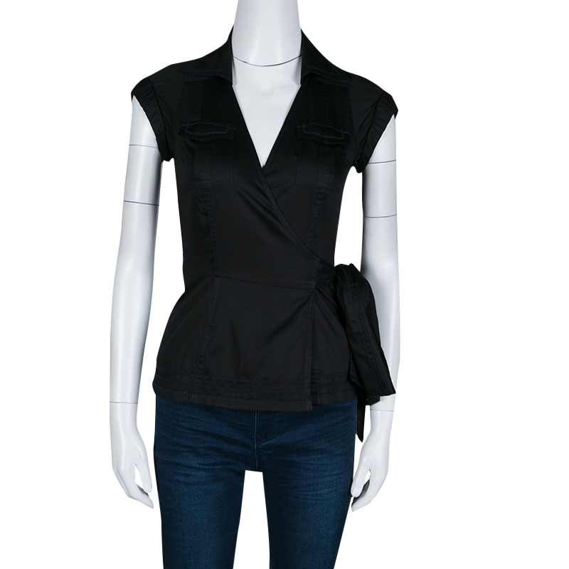 

Diane Von Furstenberg Black Cotton Contrast Stitch Detail Wrap Shirt