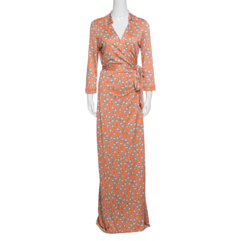 Diane Von Furstenberg Peach Floral Printed Silk Jersey Abigail Maxi Wrap Dress L