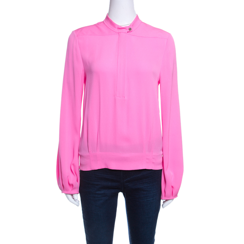 Pre Owned Diane Von Furstenberg Neon Pink Silk Mandarin Collar Long Sleeve Baire Top S