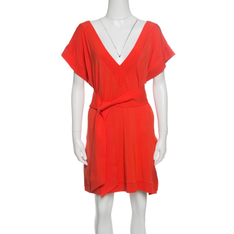 Pre Owned Diane Von Furstenberg Orange Jersey Belted Tasha Tunic Dress L