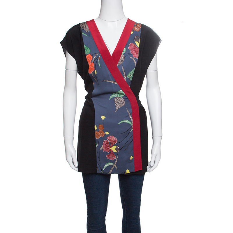 Pre Owned  Diane Von Furstenberg Colorblock Flora Printed Silk Kimono Wrap Top L