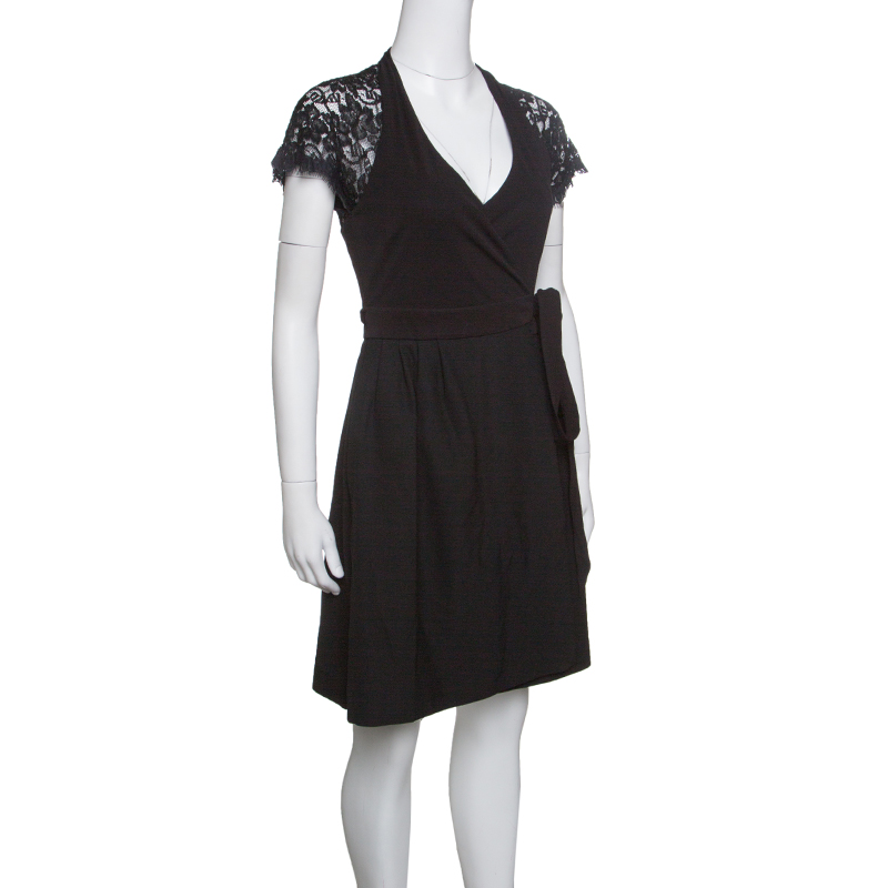 

Diane Von Furstenberg Black Floral Lace Sleeve Detail Elizabeth Wrap Dress