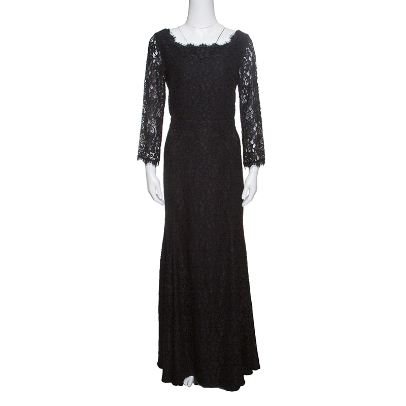 Pre Owned Diane Von Furstenberg Black Floral Lace Scallop Trim Detail Zarita Maxi Dress L