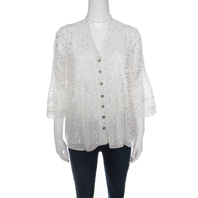 Pre Owned Diane Von Furstenberg Off White Flutter Foil Ruffled Trim Layla Silk Blouse S