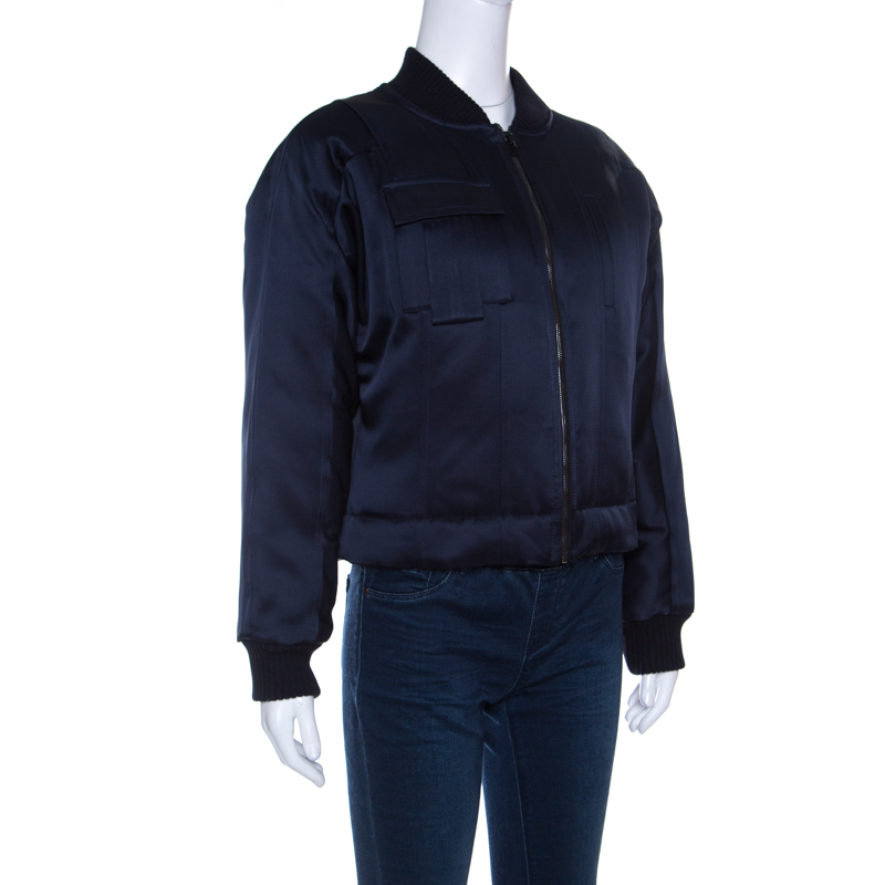 

Diane Von Furstenberg Navy Blue Satin Alexander Bomber Jacket