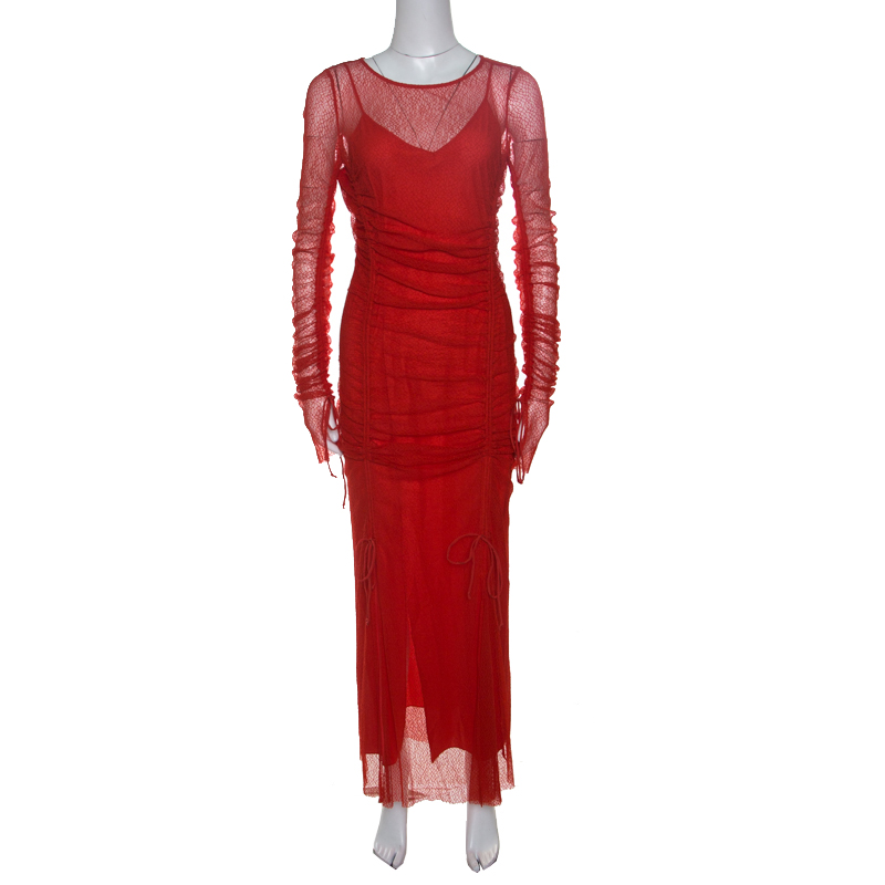 red ruched mesh dress