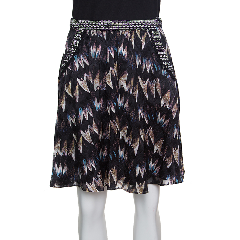 Pre Owned Diane Von Furstenburg Black Printed Silk Jacquard Gathered Marisa Skirt XS