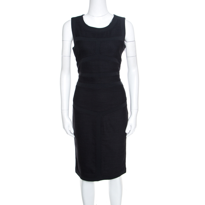 Pre Owned Diane Von Furstenberg Grey Slub Knit Wool Panel Detail Sleeveless Sheath Dress L
