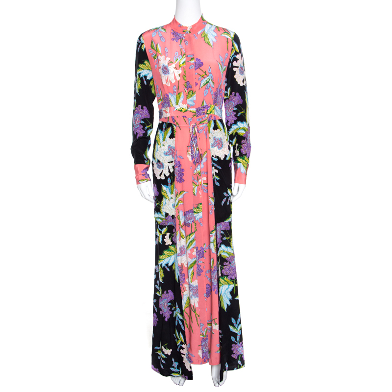 Pre Owned Diane Von Furstenberg Multicolor Floral Printed Silk Long Sleeve Maxi Shirt Dress S