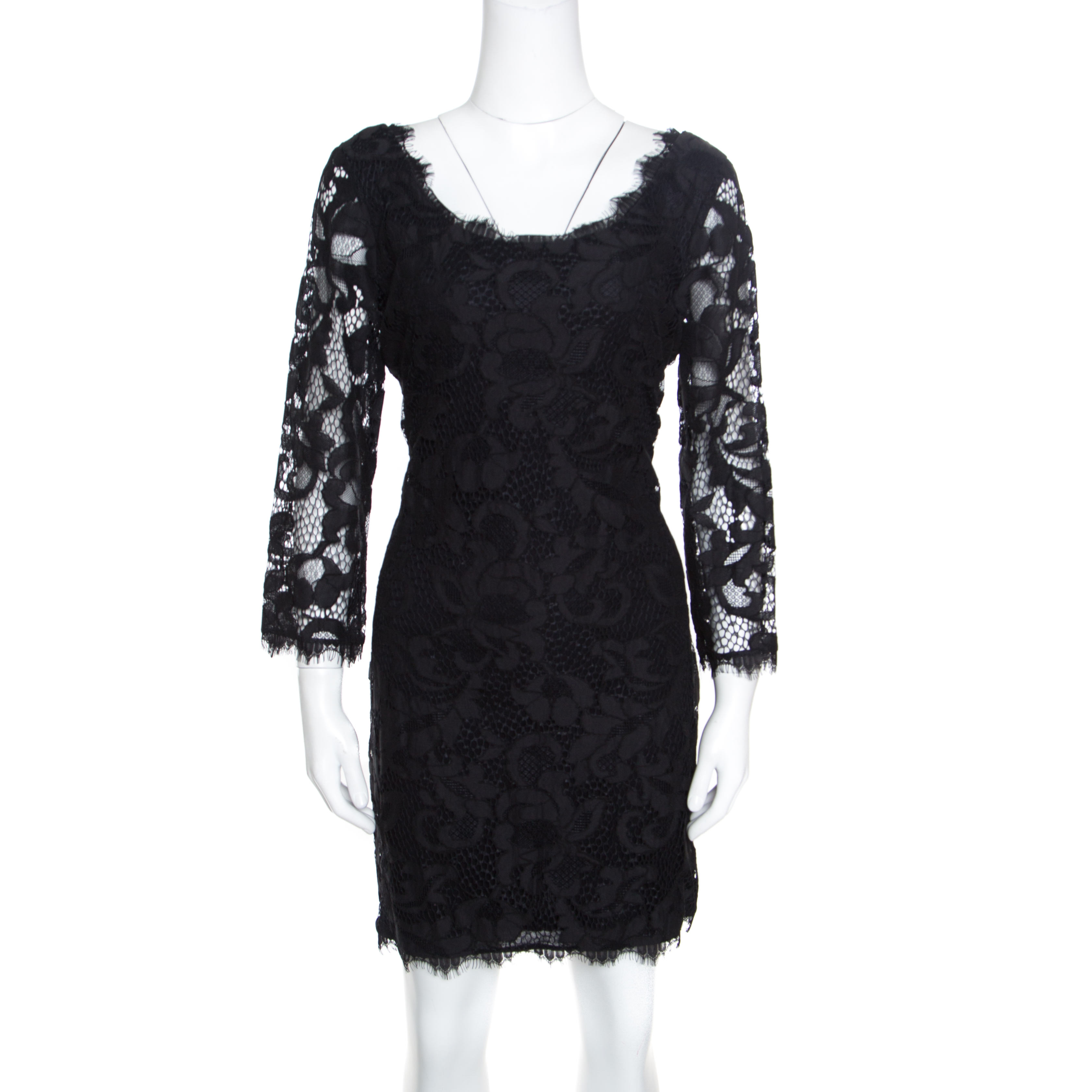 Pre Owned Diane Von Furstenberg Black Floral Lace Zarita Scoop Dress L