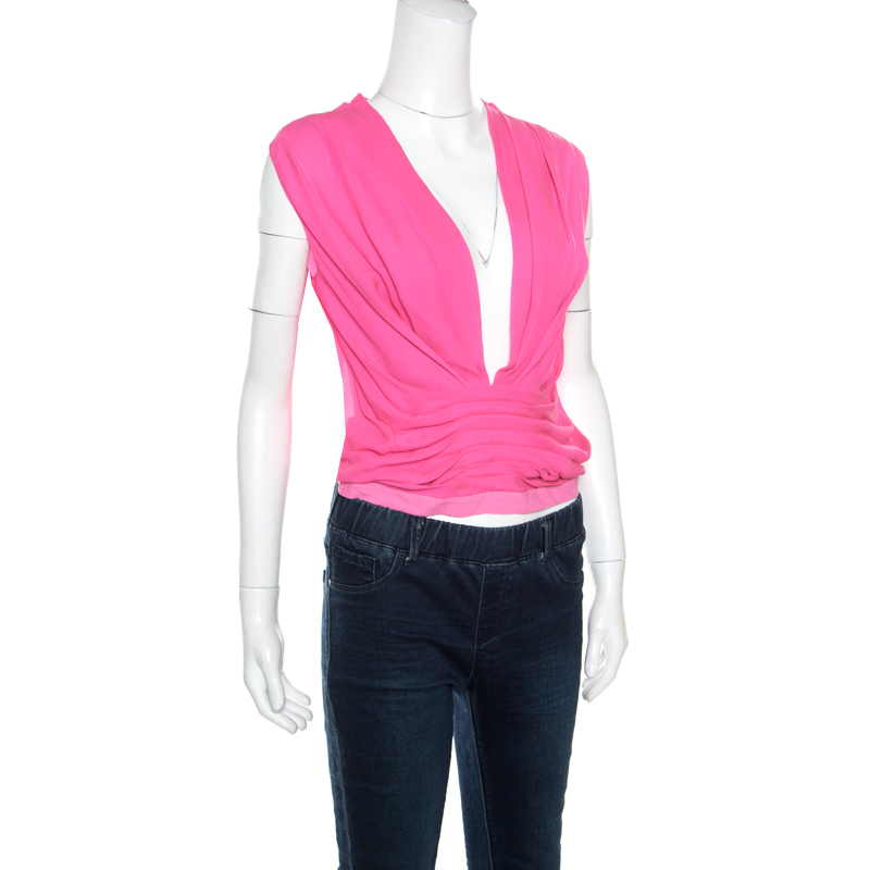 

Diane von Furstenberg Candy Pink Peated Plunge Neck Akahana Top