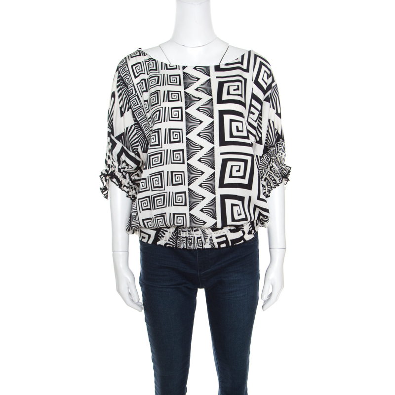 Pre Owned Diane von Furstenberg Monochrome Geometric Motif Printed Silk Handy Blouse S
