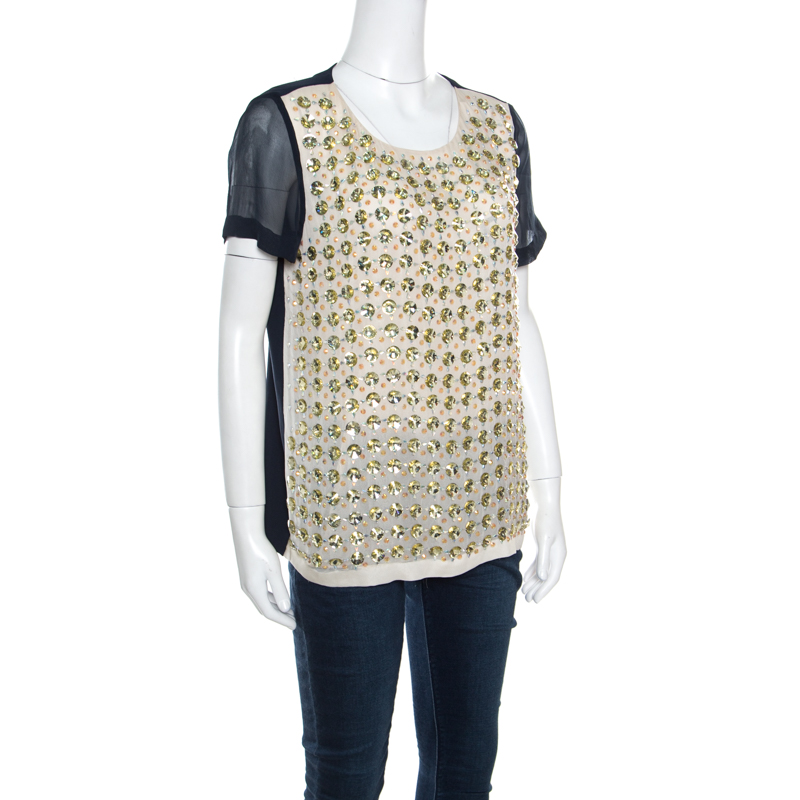 

Diane Von Furstenberg Ecru and Navy Silk Rounded Crystal Embellished Gidget Top, Multicolor