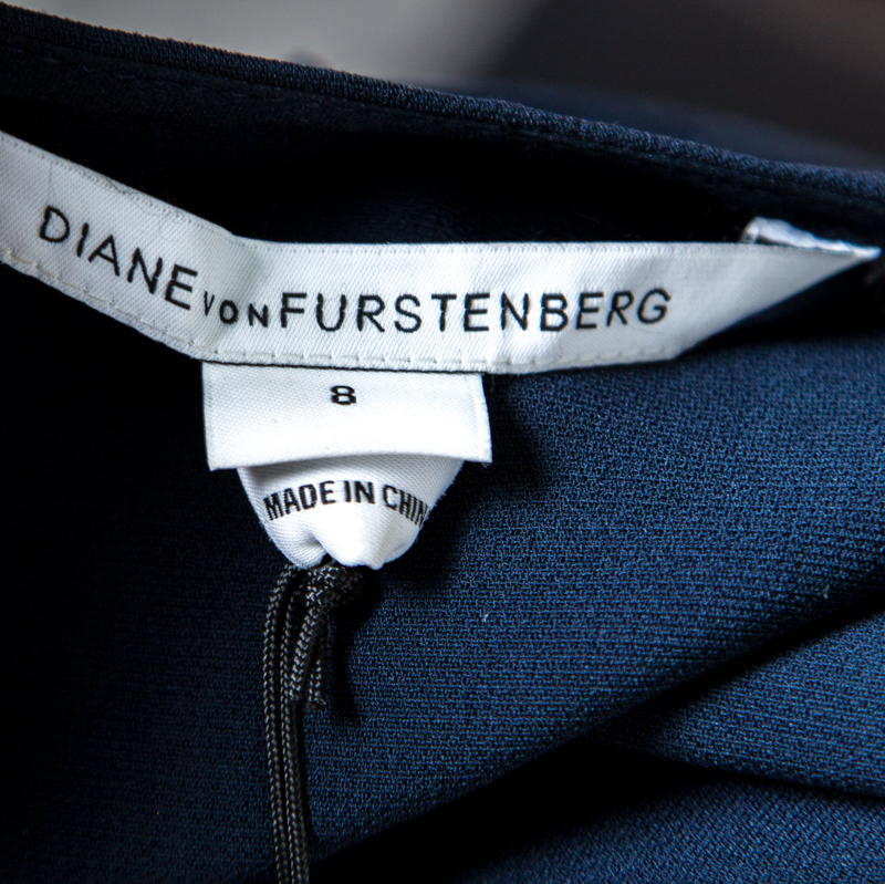 Diane Von Furstenberg Ecru And Navy Silk Rounded Crystal Embellished Gidget Top M In Multicolor