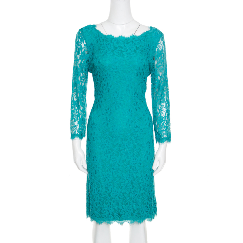 Pre Owned Diane Von Furstenberg Green Zarita Long Sleeve Lace Dress M