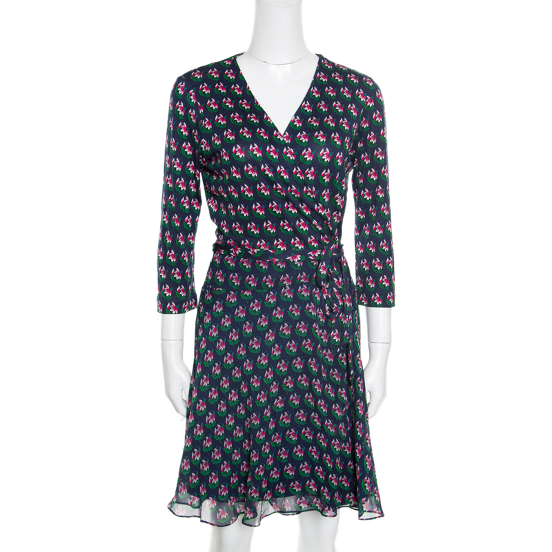 Pre Owned Diane Von Furstenberg Navy Blue Zen Floral Print Irina Wrap Dress M