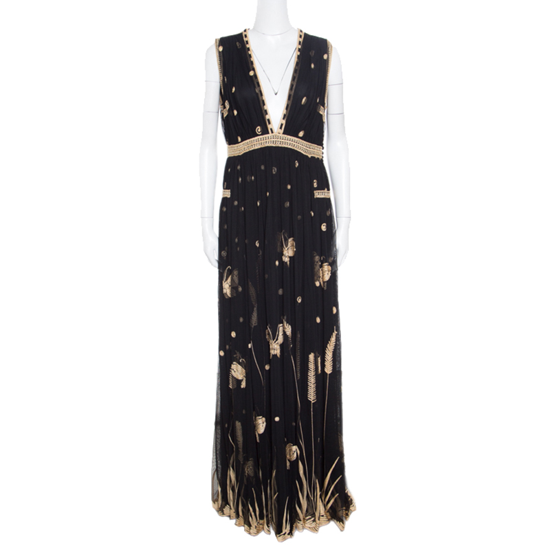 Pre Owned Diane Von Furstenberg Black Embroidered Tulle Plunge Neck Vivanette Goddess Gown L