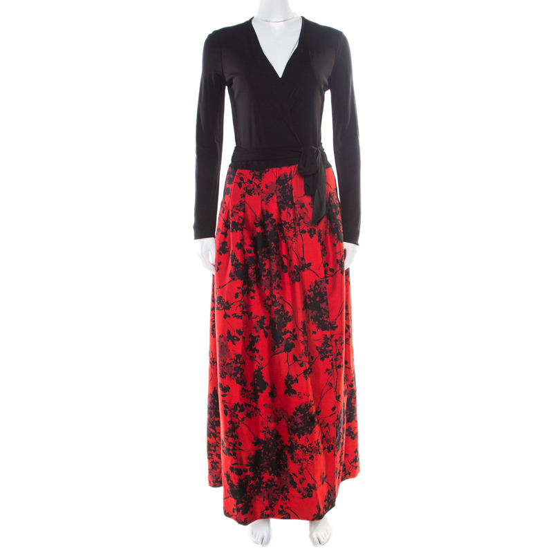 Pre Owned Diane Von Furstenberg Black and Red Floral Print Kailey Wrap Gown S 