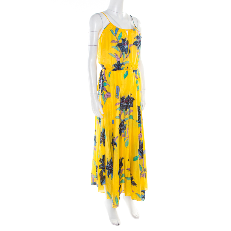 

Diane Von Furstenberg Yellow Floral Printed Tie Detail Cinch Waist Dress