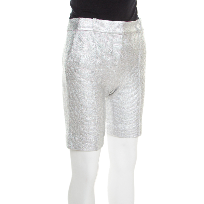 Pre-owned Diane Von Furstenberg Metallic Silver Silk Lined New Boymuda Shorts S