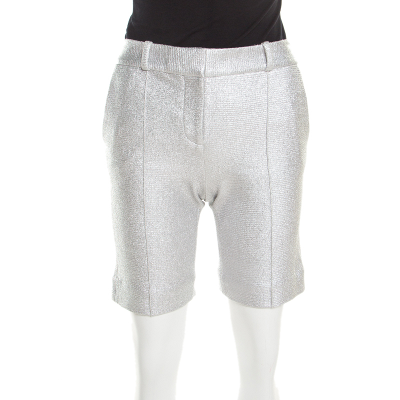 

Diane von Furstenberg Metallic Silver Silk Lined New Boymuda Shorts
