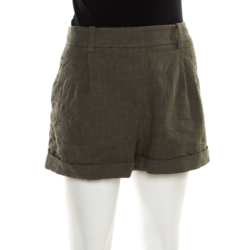 

Diane Von Furstenberg Olive Green Cotton Jacquard Gillian Pleated Shorts