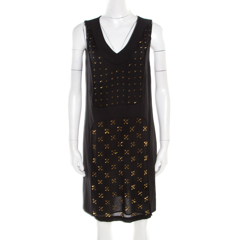 Pre Owned Diane Von Furstenberg Black Embellished Twiggy Hot Fix Check Dress M