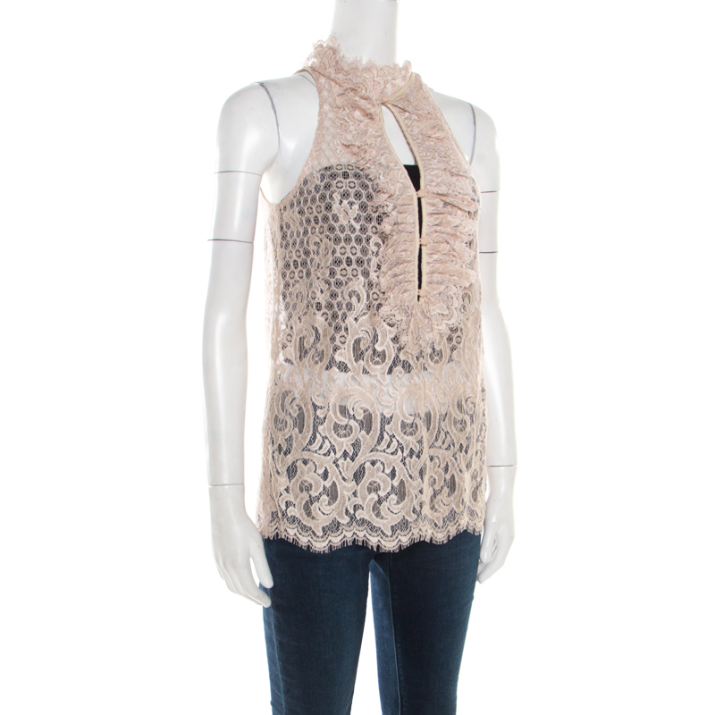 

Diane Von Furstenberg Beige Floral Lace Ruffle Trim Sleeveless Olvida Top