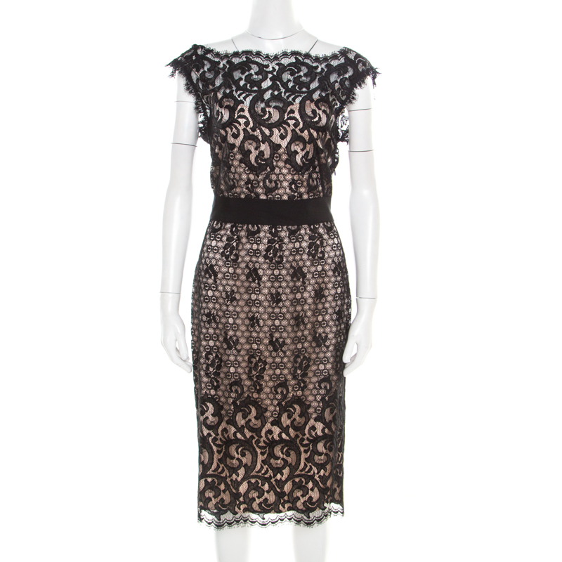 Pre Owned Diane Von Furstenberg Black and Blush Pink Floral Lace Norfolk Dress S