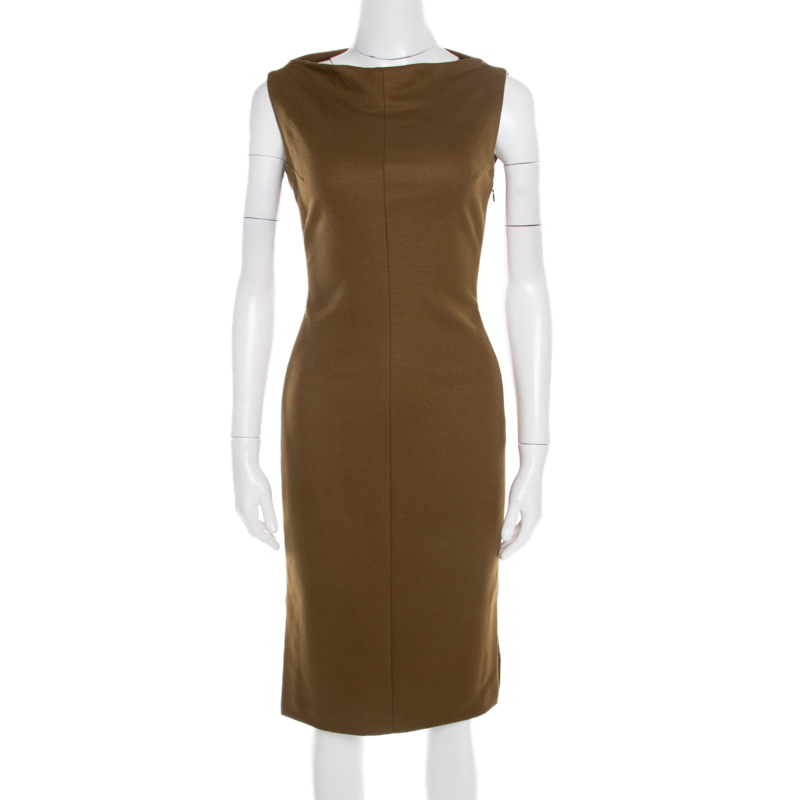 Pre Owned Diane Von Furstenberg Camel Brown Wool Sleeveless Sheath Dress M