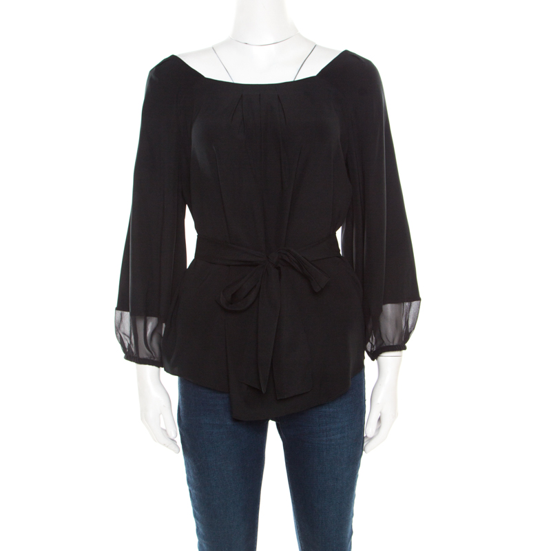 Pre Owned Diane Von Furstenberg Black Long Sleeve Waist Tie Detail Blouse M