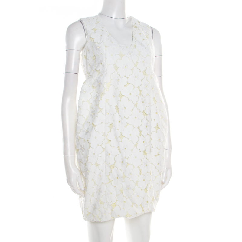 

Diane Von Furstenberg White and Lime Floral Lace Sleeveless Clydeena Dress