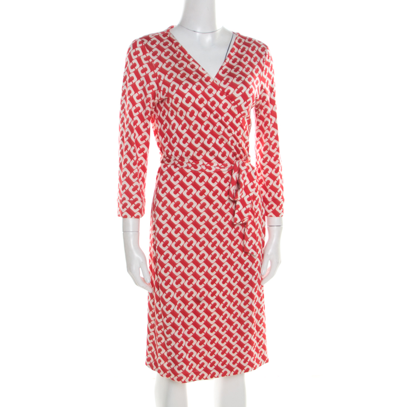 

Diane von Furstenberg Red and White Printed Silk Jersey New Julian Two Wrap Dress