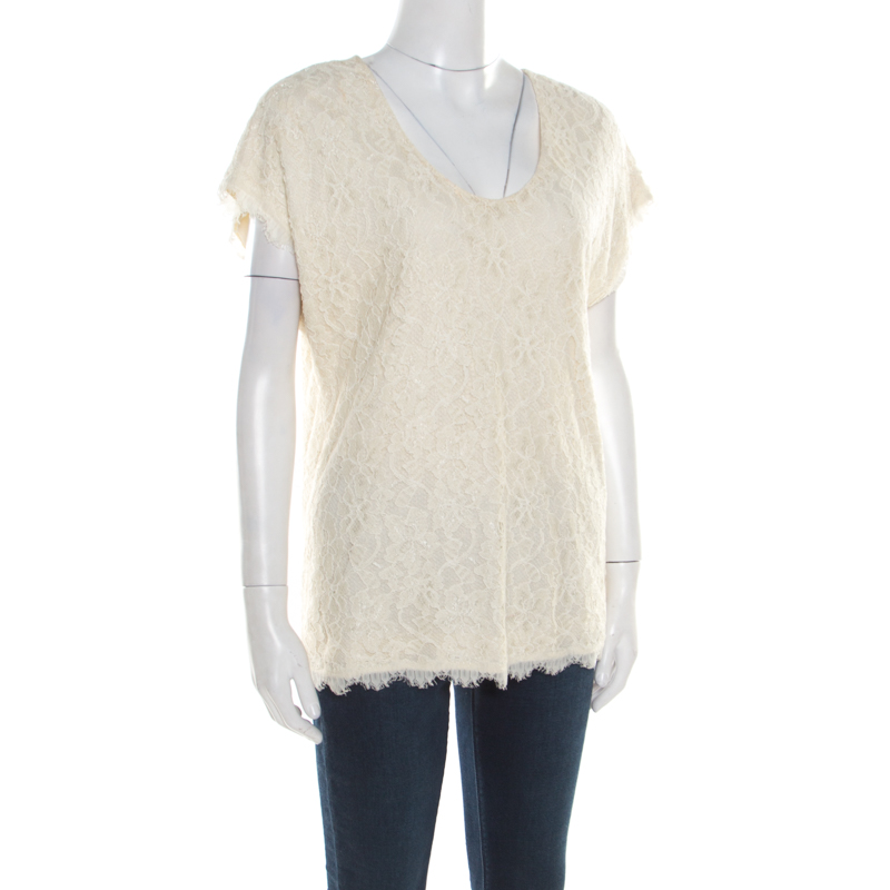 

Diane von Furstenberg Cream Floral Lace Scalloped Trim Cholula Top